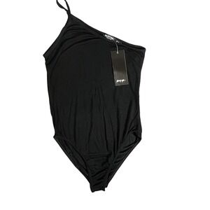 NWT One Shoulder Asymmetrical‎ Black Bodysuit Size Small Stretch Clubwear Fit